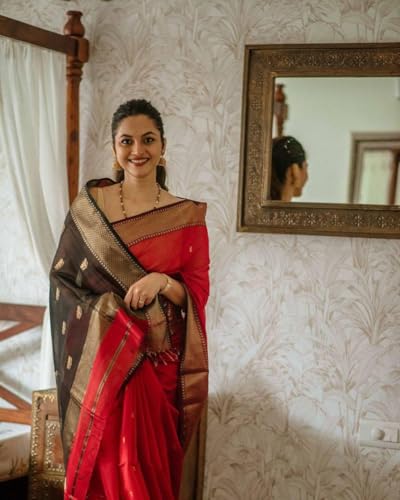 Image of Flosive Women's Cotton Red Silk Saree With Weaving With Blouse