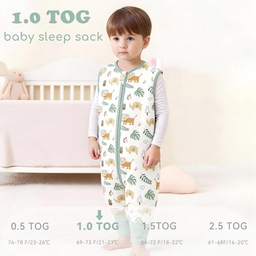 Image of Chilsuessy Toddler Sleep Sack with Feet 3-4 T, 1.0 TOG Cotton Baby Wearable Blanket with Legs, Sleep Bag Walker with 2-Way Zipper, Green & Lion