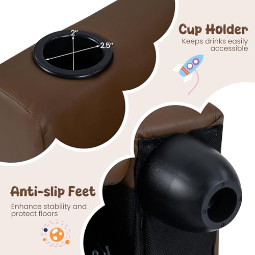 Image of HONEY JOY Kids Recliner, 2-in-1 Toddler Armrest Sofa Couch with Cup Holders, Adjustable Footrest, PU Leather, Child-Size Recliner Chair for Boys Girls Age 3+ (Brown)