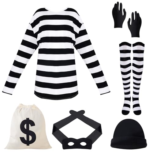 Halloween Kostüm Damen Frau Räuber Kostüm Set mit T-Shirt Mütze Handschuhen Socken Tasche für Halloween Karneval Cosplay (M)