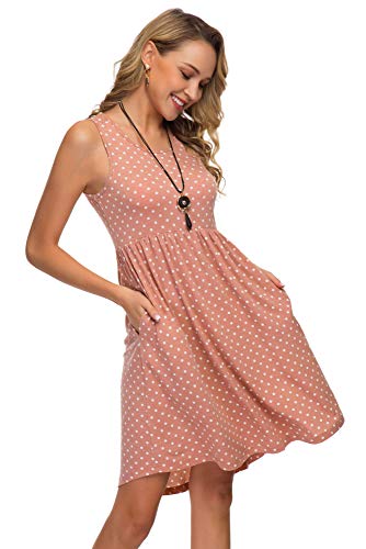 Womens Midi Dress 3/4 Sleeve Polka Dot O Neck Casual Tunic Pleated Loose