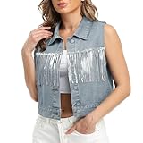 REOGA Women Glitter Fringe Cropped Denim Vest Y2K Crop Top Button Up Sparkle Sleeveless Jean Jacket Lapel Collar Sexy Disco Western Cowgirl Outfit(Blue, 2XL)
