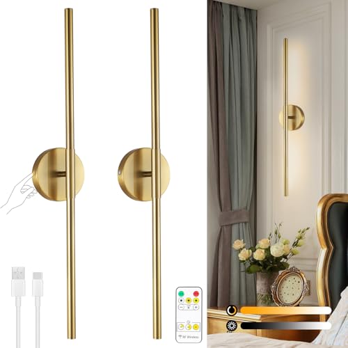 HOJOYRI Wireless Battery Operated Wall Sconces with Remote, Gold Rechargeable Led Wall Lights Set of Two, Cordless Dimmable Battery Powered Wall Lamp Decor for Bedroom Living Room, 3 Color, 28 Inch
