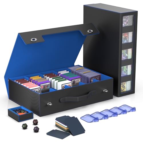 Image of Kabinka MTG Card Storage Box with Handle & Mechanical Latch,5-Row 3900+ Commander Trading Card Case with Sealed Display Window,Top Loaders Organizer Deck Box for MTG /TCG /PTCG /Sports Cards (Black Blue)