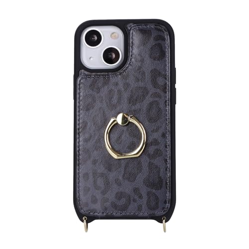 Image of for iPhone 13 Mini Case with Card Holder and Strap for Women,Crossbody Lanyard,Kickstand Ring Stand,Snap Clasp,RFID Blocking,Cute Phone Wallet Cases 5.4 inch(Black Leopard)