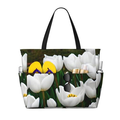 Sac à bandoulière imperméable tulipes blanche grand sac fourre-tout de voyage et plage
