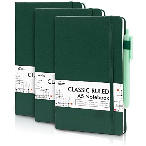 feela 3 Pack Notebooks Journals Bulk with 3 Black Pens, A5 Hardcover Notebook Classic Ruled Lined Journal Set with Pen Holder for Work Business Journaling Note Taking, 120 GSM, 5.1”x8.3”, Dark Green Cover