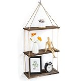 POTEY Wall Hanging Shelves 3 Tier, Brown Wood Floating Shelves Indoor with Rope Rustic Storage Rack