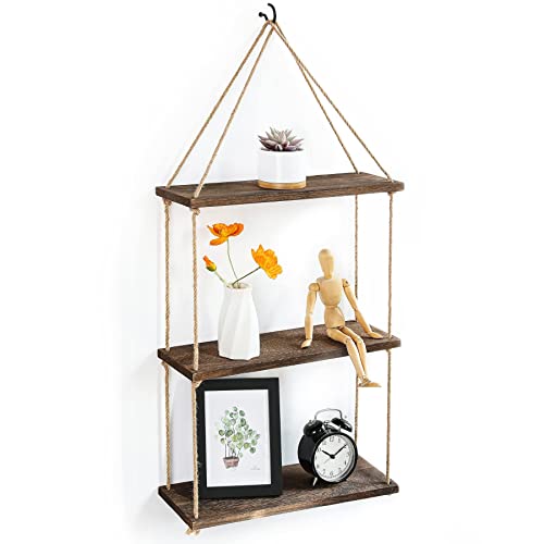 Potey Wall Hanging Shelves 3 Tier, Brown Wood Floating Shelves Indoor With Rope Rustic Storage Rack Home Decor For Window, Kitchen, Bathroom, Bedroom #TOP9