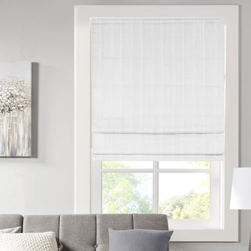 Madison Park Galen Cordless Roman Shade, 23"W x 64"H, Sheen White – Room Darkening, Thermal Insulated, Energy Efficient Window Blind with Subtle Sheen Basketweave Fabric for Privacy