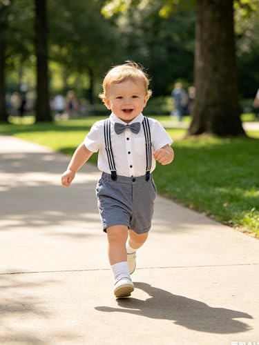 Image of Volunboy Baby Boy Formal Short Set Toddler Summer Gentleman Outfit Kid Short Sleeve Bowtie Shirt Suspender Shorts Suit