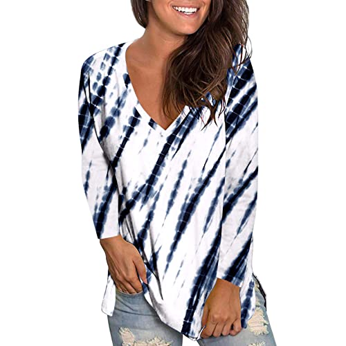 2026 Printemps Femmes Casual Loose T-shirt Automne Hiver Col en V Tie Dye Imprimé Haut à Manches Longues, bleu marine, M
