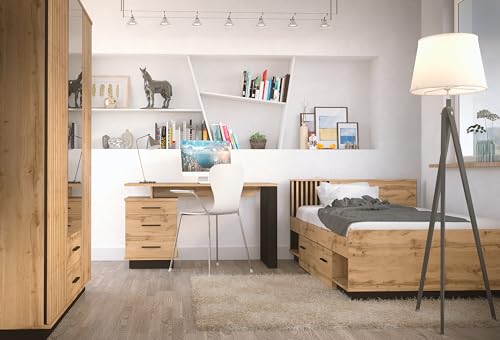 Jugendzimmer Lamelo – Kinderzimmer Komplett Set in Eiche Wotan & Schwarz Matt, optional mit 7-Zonen-Kaltschaummatratze - Verschiedene Set Varianten (3 teilig)