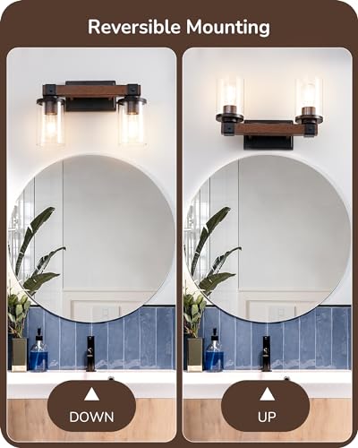 Image of EDISHINE 2-Light Painted Wood Wall Sconces, Farmhouse Vanity Light Fixture | Clear Glass Shade, Up & Down Mounting Optional, E26 Base, Rustic Charm, Waterproof for Bedroom, Powder Room
