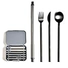 Yassk Pocket Sized Silverware Flatware Cutlery Set, Portable Reusable Stainless Steel Utensils Knife Fork Spoon Straw Cloth Napkin,Dishwasher Safe (Black)