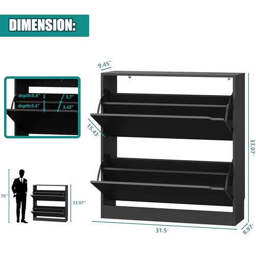 Image of Xixini Shoe Storage Cabinet for Entryway with 2 Flip Drawers, Wood Freestanding Hidden Shoe Storage, Sturdy Narrow Slim Shoe Organizer for Front Door Entrance, Living Room, Hallway, Bedroom, Black