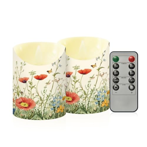 Ewusp Juego de 2 velas sin llama con diseño de mariposas y flores silvestres, funciona con pilas, con control remoto y temporizador, para decoración del hogar, bodas, vacaciones, fiestas, centros de