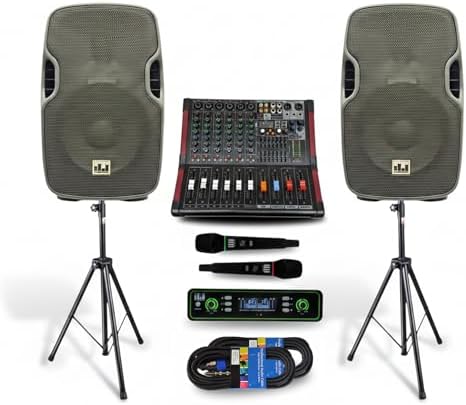 MUSYSIC Portable PA System with Wireless UHF Microphone, 10" Powered PA Speakers, Party DJ Speakers, 2000W Built-in Amplifier w/6 Channel Audio Mixer System, 800W Powered Speaker, Dual Tripod Stands