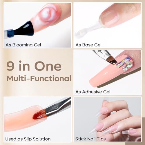 Image of Modelones 10 in One Nail Glue Polish Set Brush On Gel Nail Glue 15ml for Rhinestone, Base Gel, Blooming Nail Art Gel Nail Kit Strengthener Treatment for Weak and Damaged Acrylic Nails U V Lamp Needed