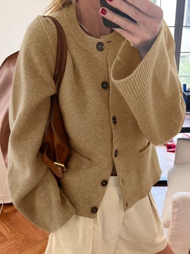 Image of Langwyqu Womens Button Down Cardigan Sweaters Open Front Long Sleeve Slim Fit Sweater Coat Winter Solid Outwear with Pockets