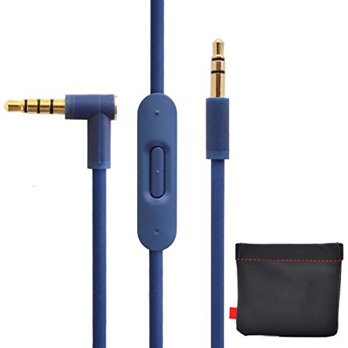 New Version Original Replacement Audio Cable Cord Wire with In-line Microphone and Control + Original OEM Replacement Leather Pouch/Leather Bag for Beats by Dr Dre Headphones Solo/Studio/Pro/Detox/Wireless/Mixr/Executive/Pill (Blue)