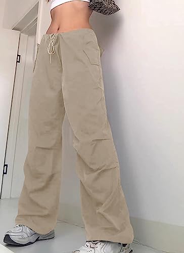 Laoara Parachute Pant Women Cargo Pants With 3 Pockets Drawstring Y2K Low Waist Baggy Pants Relaxed Loose Jogger Track Pant Khaki M #TOP4
