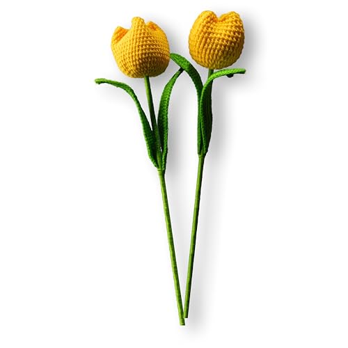 Image of Tulip Crochet Flowers | Handcrafted Artificial Faux Woolen Flower with Long Stem | Natural Looking Knitted Flower for Home, Living Room, Vase & Bouquet Decoration & Gifting | Yellow-2 Pcs