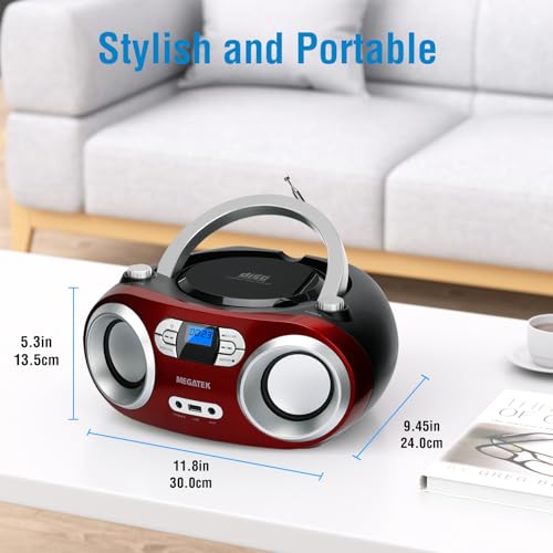 MEGATEK Portable CD Player Boombox with FM Radio, Bluetooth, USB Port, AUX Input, and Headphone Jack – CD-R/CD-RW/MP3-CD Compatible, Clear Stereo Sound, Backlit LCD Display – Cherry Red - Image 6