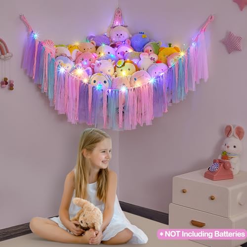 Image of FIOBEE Stuffed Animals Net LED Light Toy Hammock for Kids Bedroom Storage