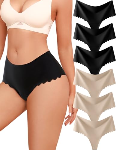 Image of ALL OF SHE Thongs for Womens High Waisted Seamless Underwear for Women 6 Pack Wave Edge No Show Sexy Panties