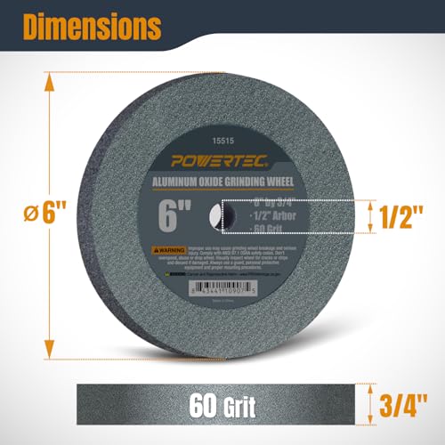 Image of POWERTEC Bench Grinder Wheel 6 Inch 60 Grit, Aluminum Oxide Grinding Wheel for Bench Pedestal Grinder, 3 /4 inch Thick 1 /2 inch Arbor, Sharpening & Shaping Drill Bits, Blade, and Chisel 1PK (15515V)