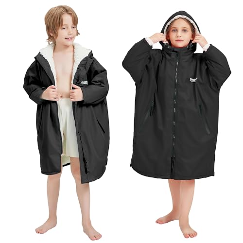 Meshoufu Kids Swim Parka, Waterproof Swimming Jacket, Hooded Surf Changing Robe, Warm Winter Swim Coat (Black, Small)
