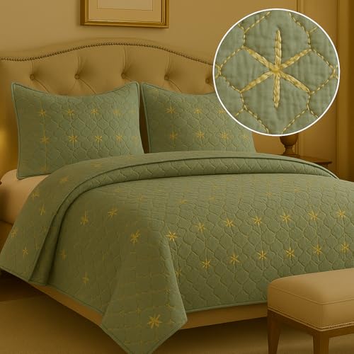 Image of SANMARINO Solid 100% Cotton Multi-Needle Quilted Ultrasonic Bedcover Set - 280 TC, Soft & Lightweight, King Size /Double (90x100 in /228X254 cm), Coverlet with 2 Pillow Cases, Color-Green