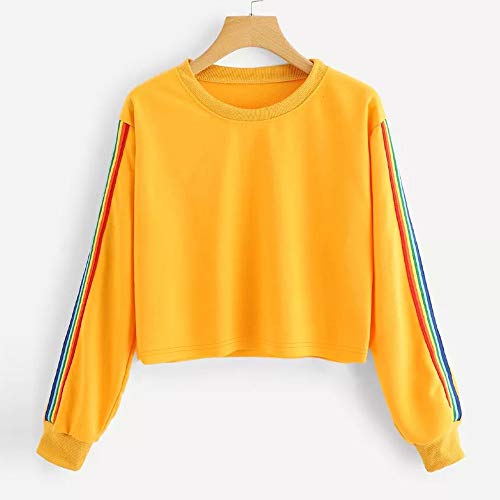 Haoricu Women's Colorful Striped Long Sleeves Round Neck Casual Sweatshirt Ladies Teen Girl Pullover Blouse Tops Yellow #TOP1