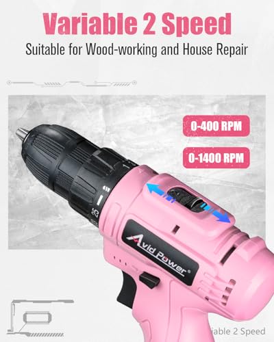 Image of AVID POWER 12V Cordless Pink Drill Set, Power Driver with 21 Bits for Women | 3 /8 inch Keyless Chuck, 25+1 Torque, 2 Speed Setting Max 1400 RPM, Rechargeable Battery & Charger, for Light-duty Household Use