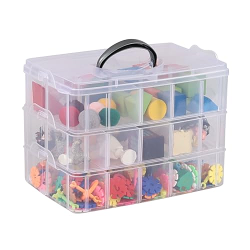 Image of Vababa Clear 3-Tier Stackable Storage Containers with Adjustable 30 Compartments, Jewelry Sewing Storage Box with Handle