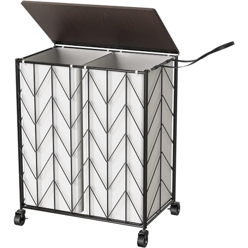 ZIGUIhsou-11 Laundry Hamper Laundry Basket with Wheels, Heavy Duty Laundry Hamper with Wood Lid, Clothes Hamper with Divided Removable Liner Bag Laundry Basket