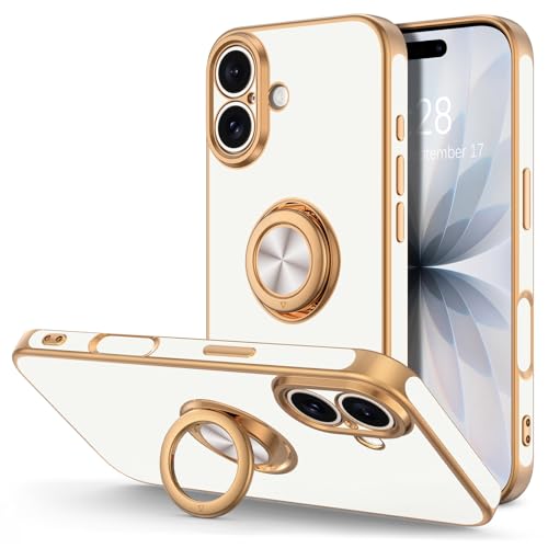 Hython for iPhone 17 Case with Ring Stand 360 Rotatable Ring Holder Magnetic Kickstand Plating Rose Gold Edge Soft Cover Protective Phone Case for iPhone 17 6.3 White