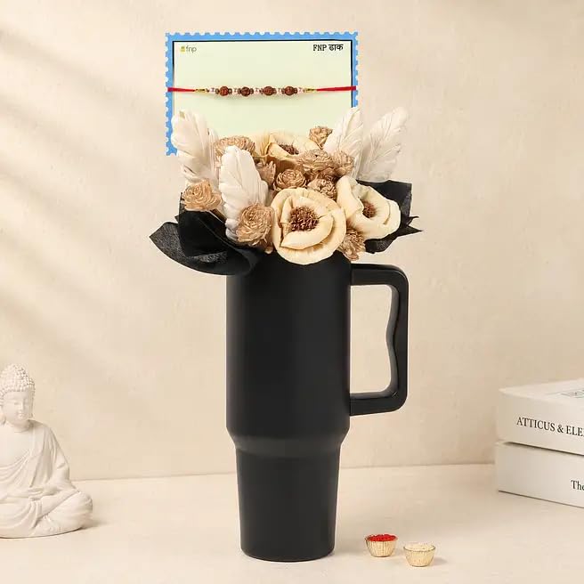 FNP Rakhi with Sola Wood Dried Flower Bouquet & Black Tumbler | Rudraksha Bead Rakhi, 1200 ml Tumbler, Roli Chawal Included, Matte Black Finish, Dried Floral Arrangement-image-19