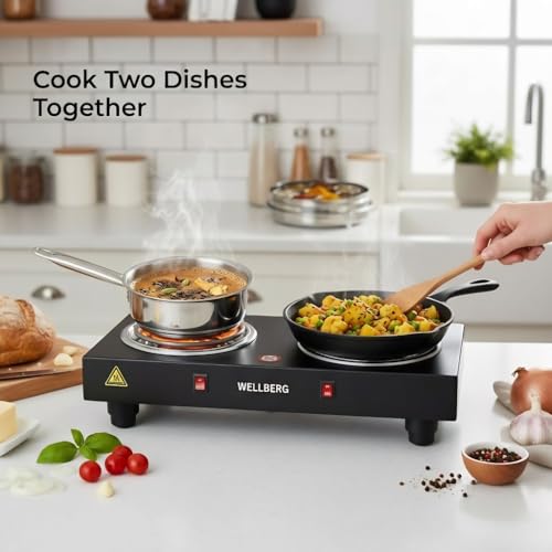 Image of Wellberg Electric Double Burner Stove 2000W | Dual Heating Plate with Rocker Switch & Light Indicator | Compact & Portable Cooktop for Home Use