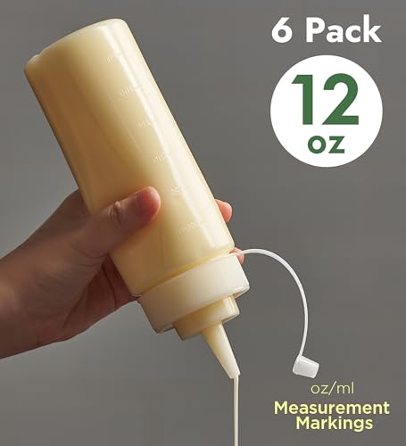CURTA 6-Pack 12 oz Clear Squeeze Bottle with Cap, BPA-Free Easy-to-Squeeze Plastic Condiment Dispenser with oz & ml Markings for Sauce, Oil, Dressing, Dishwasher Safe, White - Thumbnail 2