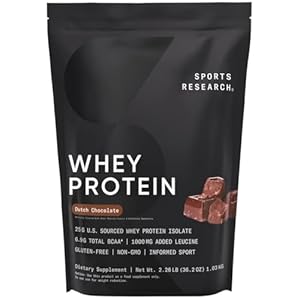 Sports Research Whey Protein Isolate – Sports Nutrition Protein Powder 25g per Scoop – 2lb Bag Whey Protein – Dutch Chocolate Bulk Protein Powder, 25 Servings