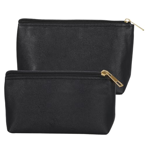 2 Pack Small Leather Makeup Bag for Purse, Portable Cosmetic Bags for Women PU Leather Travel Makeup Pouch with Zipper (Black)