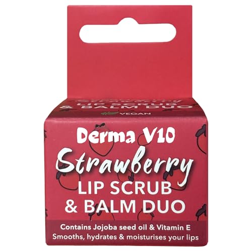 Derma Strawberry Lip Scrub & Balm Duo – Exfoliating Lip Treatment Set with Jojoba Seed Oil & Vitamin E – Smooths, Hydrates & Moisturises Lips – Vegan Lip Care for Soft, Kissable Lips
