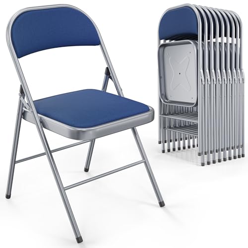 Image of VINGLI 10 Pack Folding Chairs with Padded Seats, Metal Frame with Fabric Seat & Back, Capacity 350 lbs, Blue, Set of 10