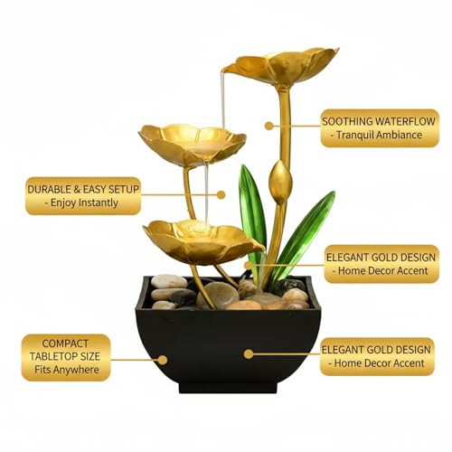Gold Tabletop Water Fountain, Desktop Waterfall, Indoor Lotus Desktop Decorative Fountain, Home Bathroom Bedroom Decor.