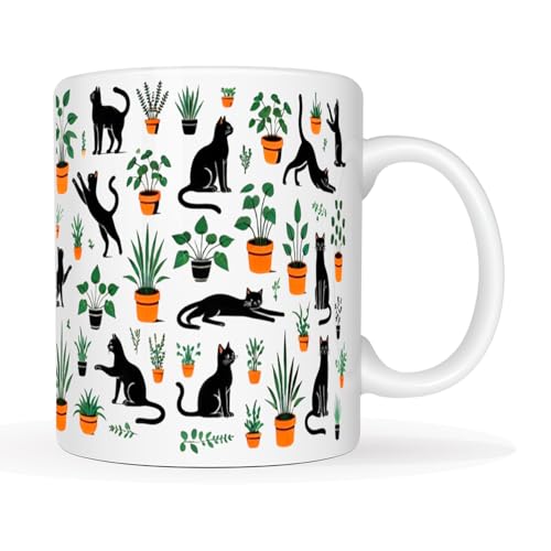This Charming Black Cats & Plants Coffee Mug 11 Oz - Cute Design for Cat Lovers and Plant Enthusiasts Owners-Botanical Cup