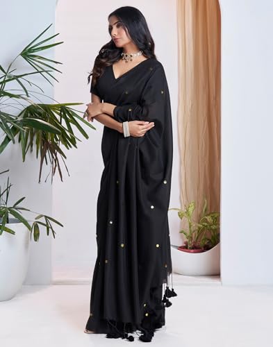 Image of SIRIL Women's Cotton Linen Sequence Saree With Unstitched Blouse Piece