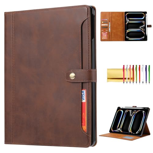 Folio Case for iPad Pro 13 Inch (M5 2025)(M4 2024) [Pencil Holder], TECHCIRCLE Vegan Leather Folding Stand Soft TPU Back Shell Protective Smart Cover with Card Slots & Pockets, Brown