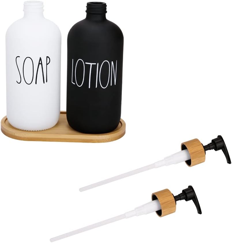 Soap Dispenser Bathroom Set, Hand Soap and Lotion Dispenser Set with Tray for Bathroom, Black and White Bathroom Decor Modern Farmhouse Decor Kitchen Art Dish Soap Holder (Black & White) - Image 4